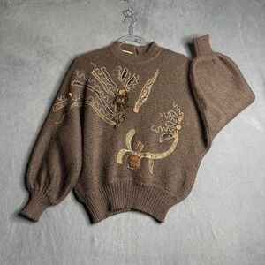 Vintage 80s Robina Boho Open Knit Sweater Applique Puff Sleeve Womens M